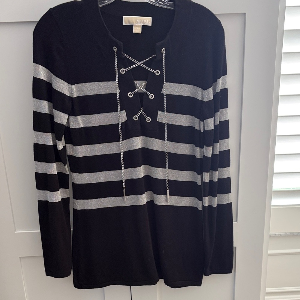 Michael Kors Black and Silver Striped Sweater